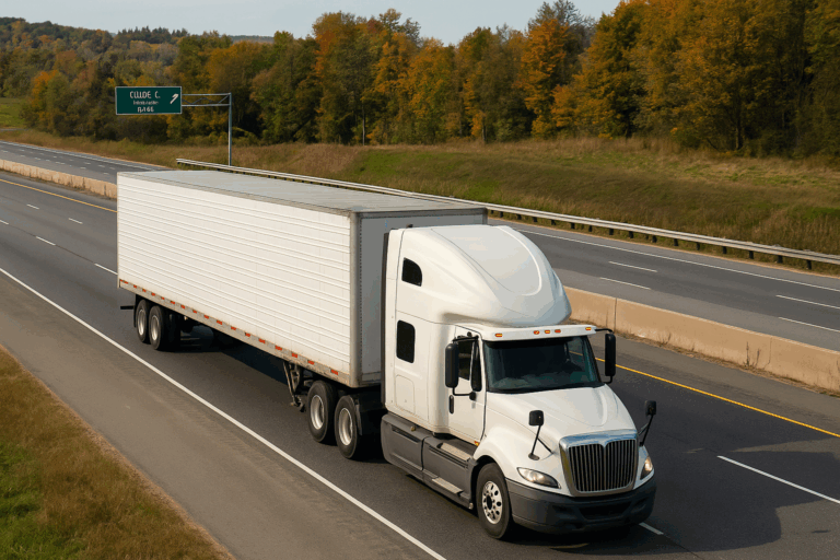 White semi-truck traveling on an Ontario highway surrounded by fall foliage — symbolizing commercial transport and road safety awareness.