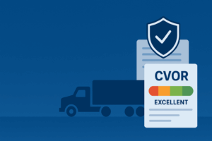 Illustration of a truck, safety shield, and CVOR report marked Excellent — showing how insurance costs relate to achieving an excellent CVOR rating in Ontario.