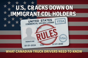 Illustration of semi-truck at U.S.–Canada border with American and Canadian flags and a CDL license overlay, representing new U.S. immigrant CDL rules and impact on Canadian truck drivers.