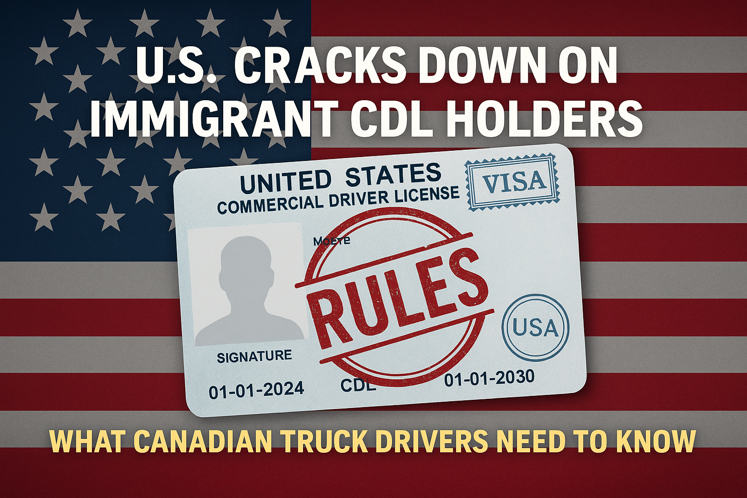 Illustration of semi-truck at U.S.–Canada border with American and Canadian flags and a CDL license overlay, representing new U.S. immigrant CDL rules and impact on Canadian truck drivers.