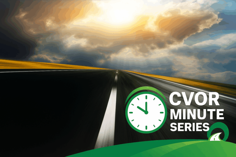 Open highway under a dramatic sunrise with the CVOR Minute Series logo in the corner, symbolizing progress, compliance, and safety in Ontario’s trucking industry.