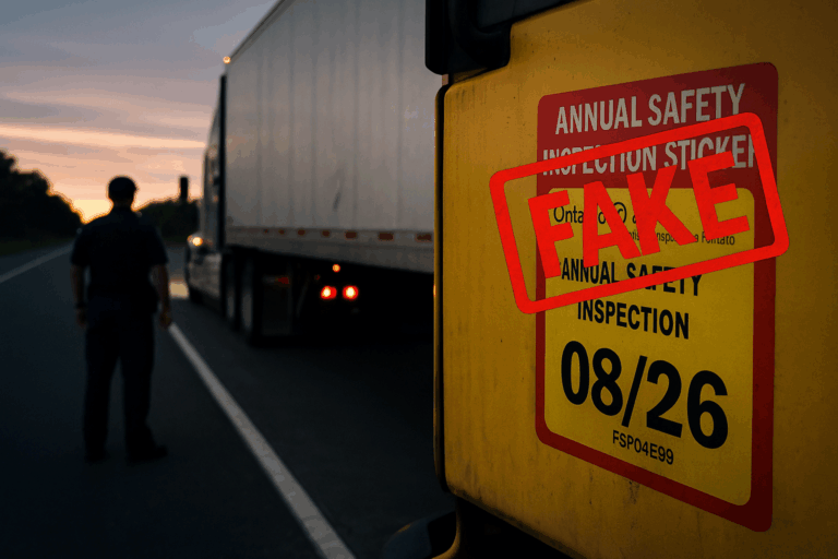 A commercial truck is pulled over for inspection at dawn on an Ontario highway. The truck’s yellow door displays a safety inspection sticker stamped “FAKE” in red, symbolizing fraudulent compliance.