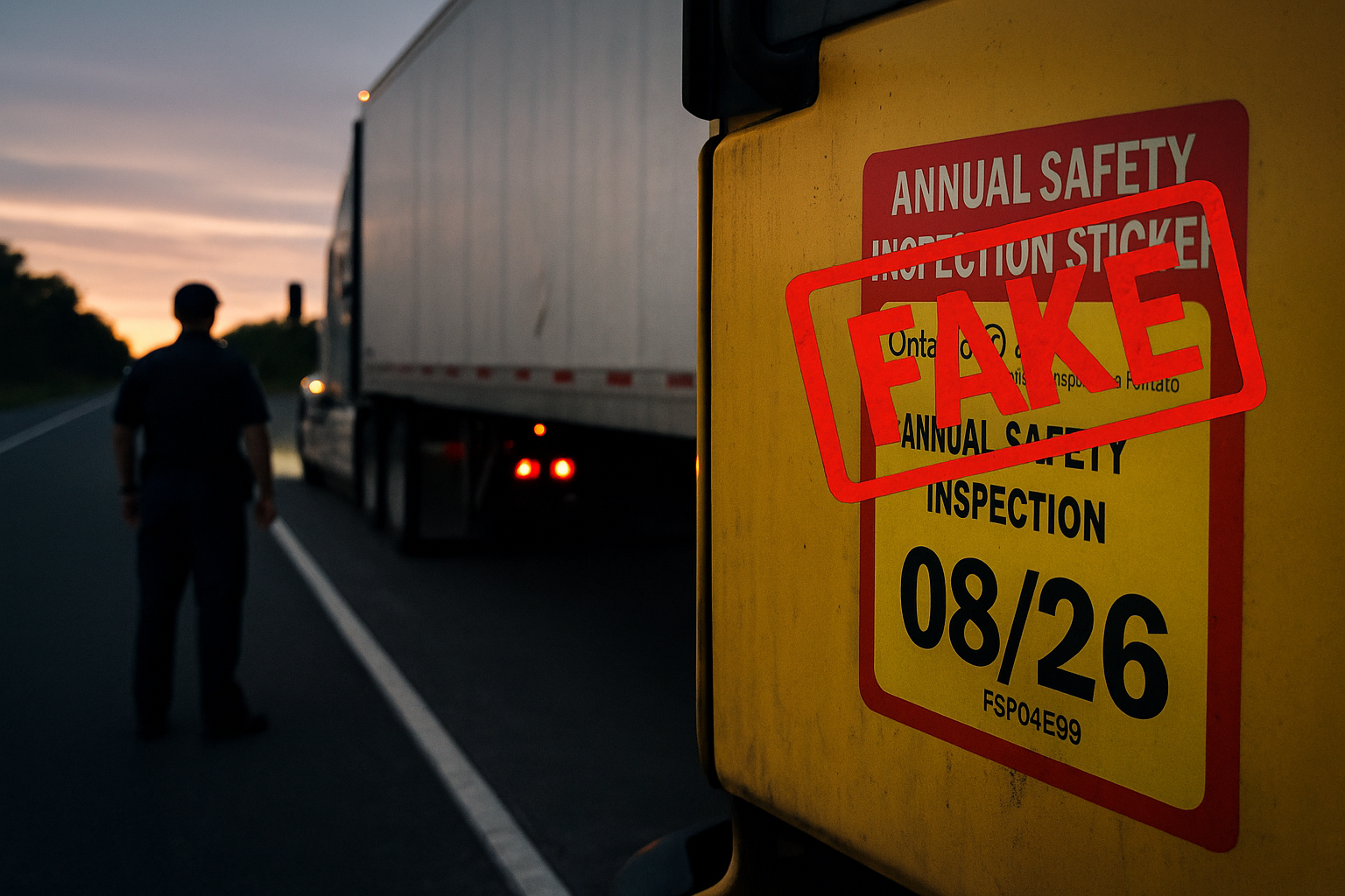 A commercial truck is pulled over for inspection at dawn on an Ontario highway. The truck’s yellow door displays a safety inspection sticker stamped “FAKE” in red, symbolizing fraudulent compliance.