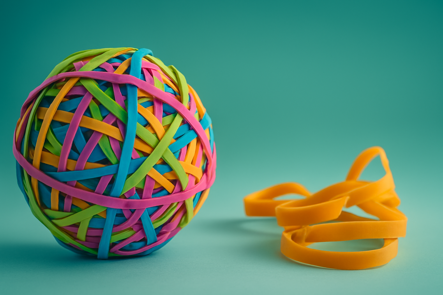 Colorful rubber band ball with loose yellow bands beside it on white background — symbolizing organization and flexibility in CVOR audit preparation