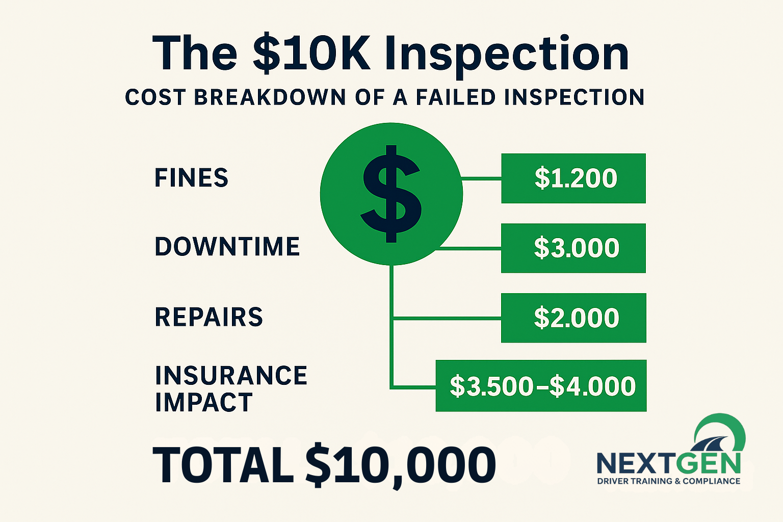 “Infographic titled ‘The $10K Inspection — Cost Breakdown of a Failed Inspection’ showing estimated costs for fines ($1,200), downtime ($3,000), repairs ($2,000), and insurance impact ($3,500–$4,000), totaling $10,000. NEXTGEN Driver Training & Compliance branding displayed at bottom.”