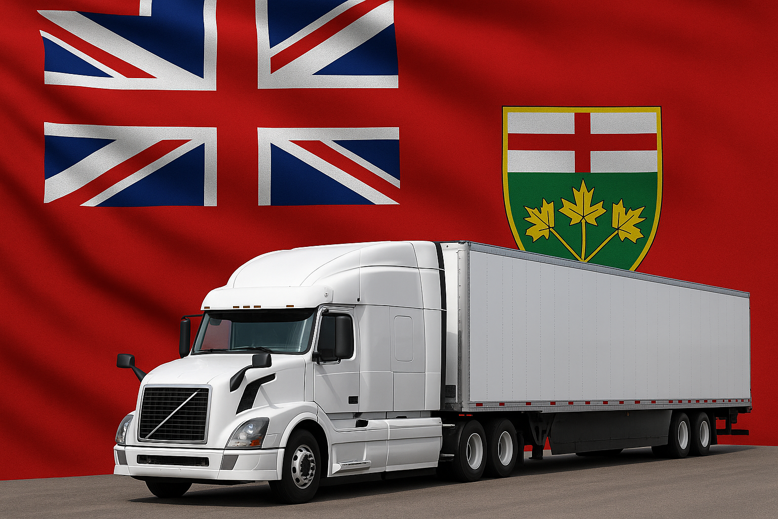 White semi-truck and trailer in front of the Ontario provincial flag, symbolizing trucking compliance and CVOR audit preparation in Ontario.
