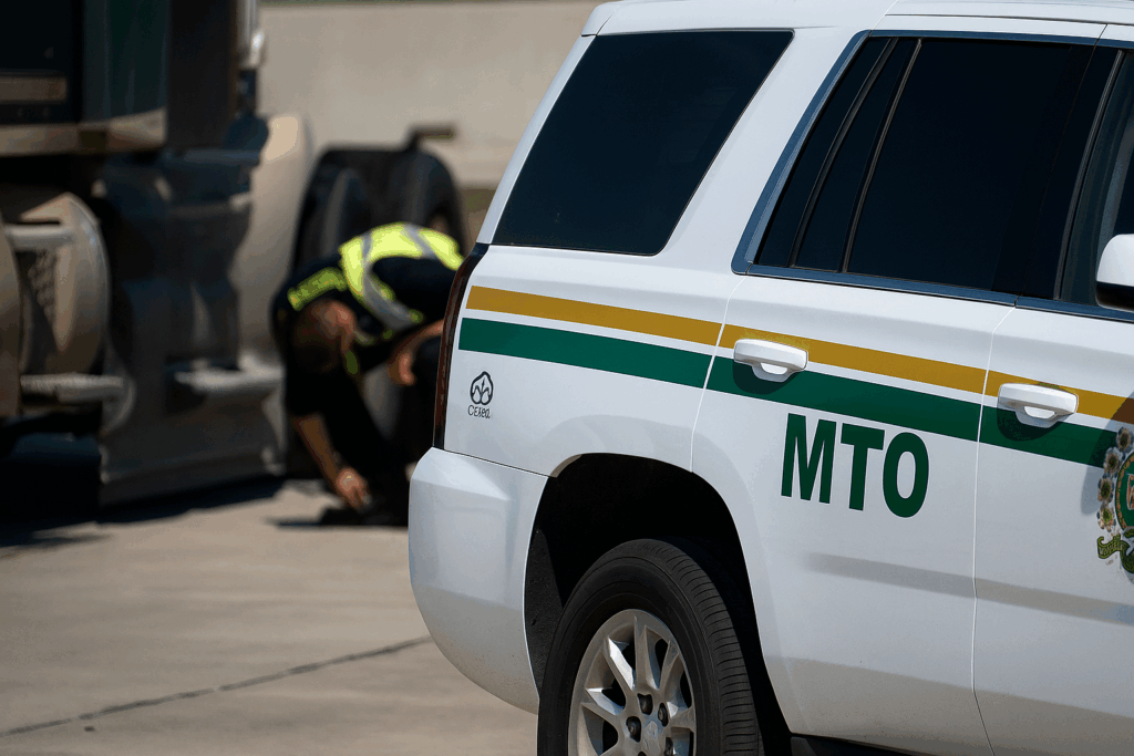 Ontario truck blitz out of service rates inspection — MTO enforcement officer conducting a roadside truck safety check beside an MTO vehicle.