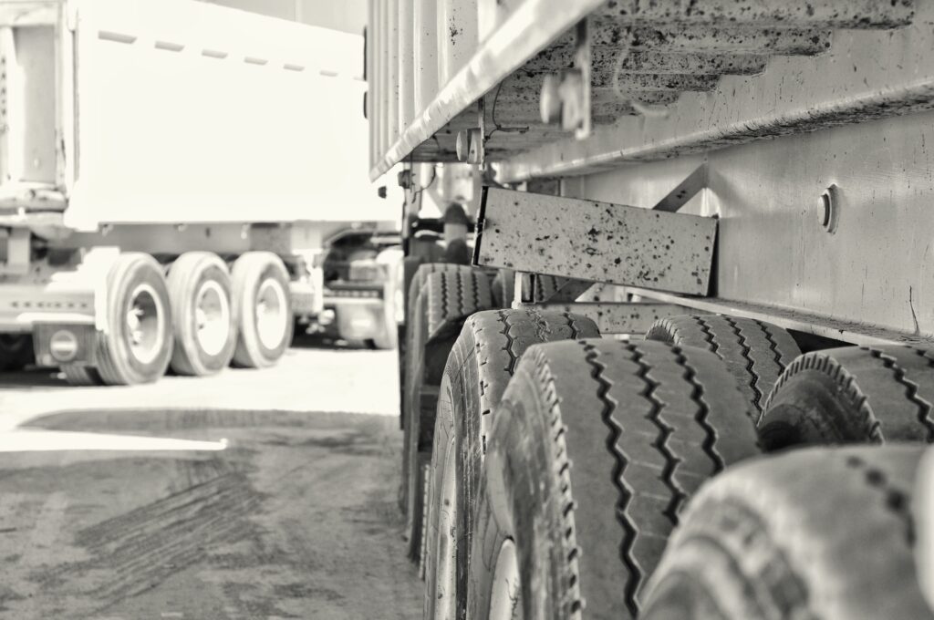 Commercial trailer tires close-up during inspection under Schedule 1 – Ontario CVOR tire compliance.