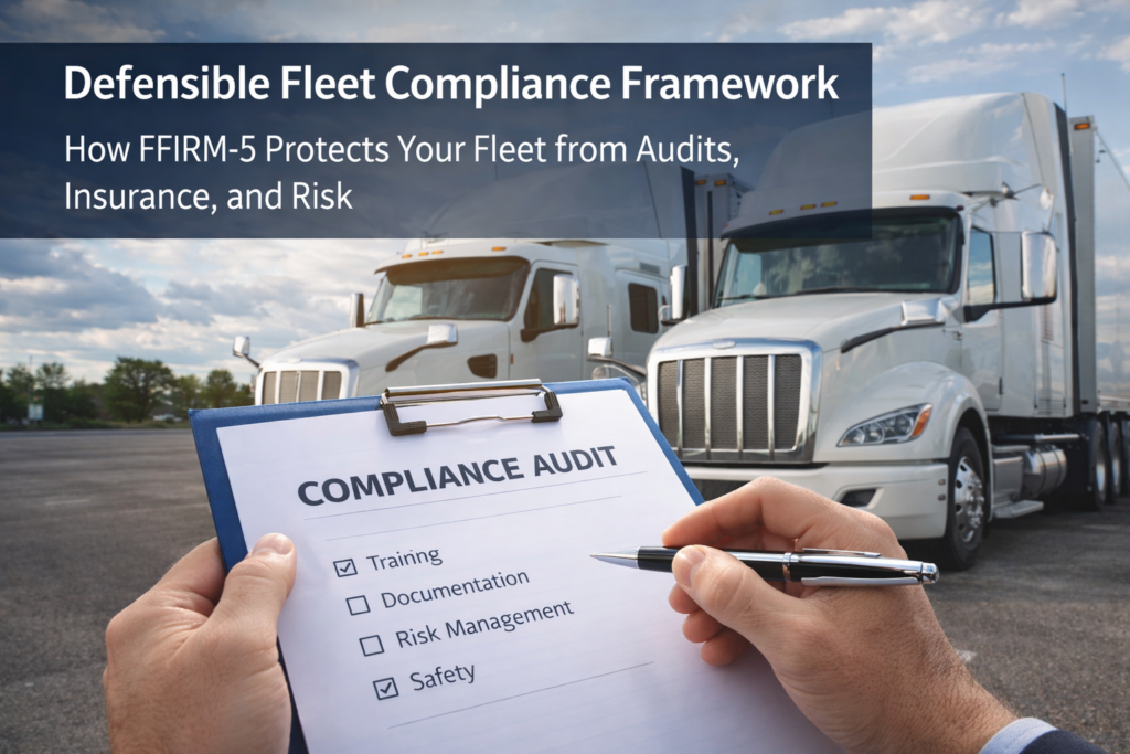 Defensible fleet compliance framework showing a compliance audit checklist in front of commercial trucks, representing FFIRM-5 risk management, training, and documentation controls.
