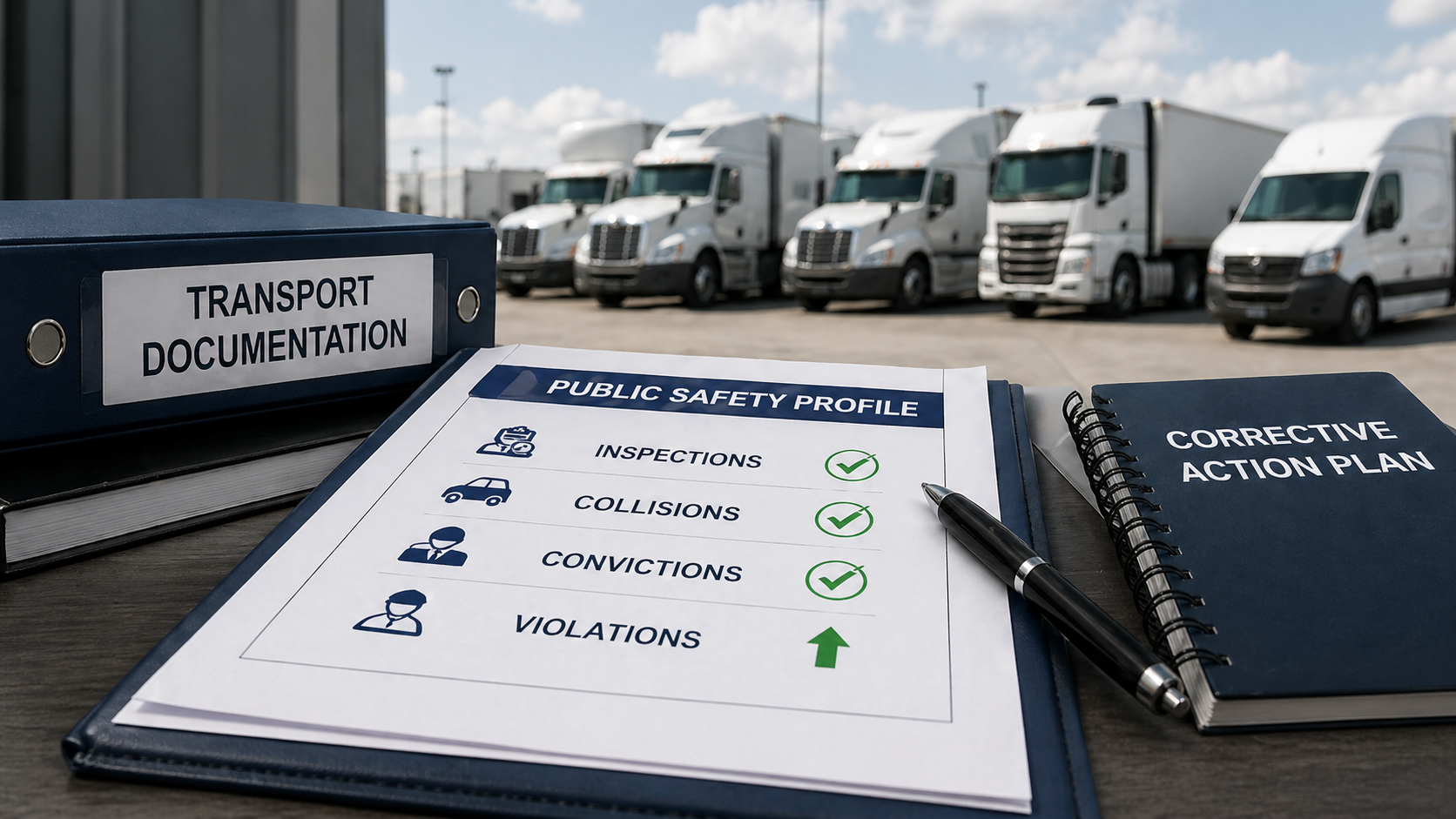 Transport documentation binder, public safety profile report, corrective action plan, and commercial trucks representing CVOR risk exposure.
