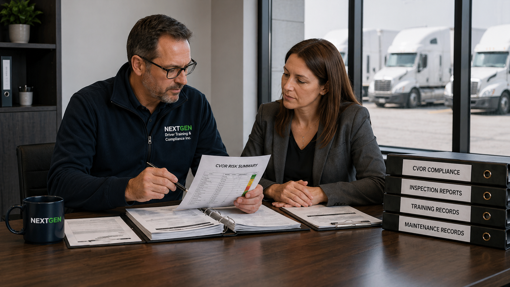 NEXTGEN consultant reviewing a CVOR risk summary with a fleet representative during a compliance audit meeting.