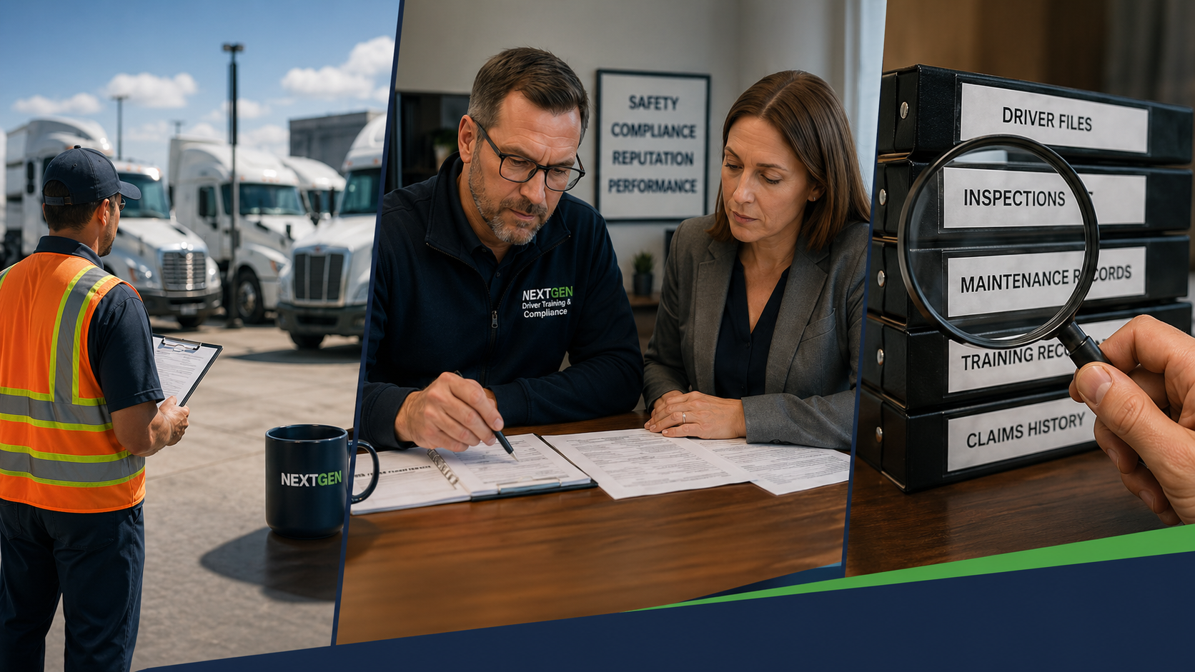 Fleet safety review showing roadside inspection, compliance consultation, and file review with a magnifying glass on inspection records.