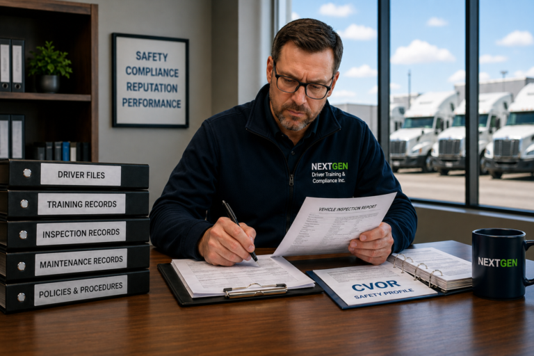 Transportation compliance consultant reviewing CVOR safety records, vehicle inspection reports, and fleet documentation in an office overlooking commercial trucks.