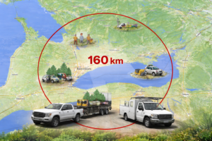 Illustration of a 160 km operating radius around the Greater Toronto Area with pickup trucks, trailers, and utility fleet vehicles representing local regulated fleet operations in Ontario.