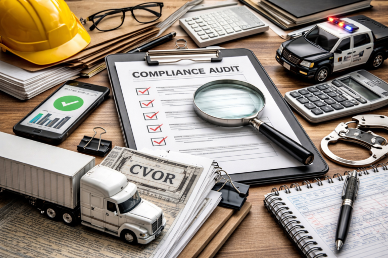 Transportation compliance consultant reviewing fleet audit documents, safety records, and CVOR-related paperwork at a professional office desk