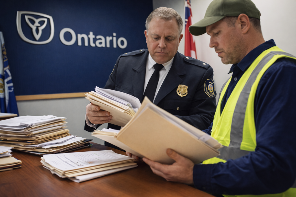 Ontario transportation enforcement officer and fleet worker reviewing compliance files at a desk with stacks of paperwork during a safety or audit meeting.