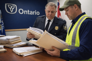 Ontario transportation enforcement officer and fleet worker reviewing compliance files at a desk with stacks of paperwork during a safety or audit meeting.